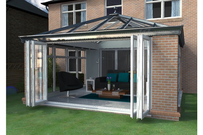 Livin room orangery conservatory with bifold doors and optional Cornice gutter shroud