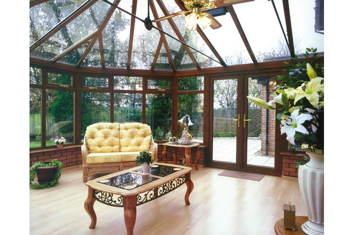 Internal view of light oak double hipped Victorian with glass roof